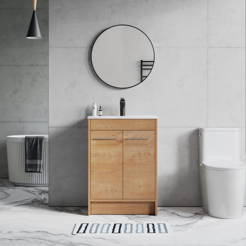 Grove Free Standing Single Bathroom Vanity with White Ceramic Sink, 2 Soft-Close Doors and 1 Adjustable Shelf, Floor Standing Vanity Set in Oak Natural