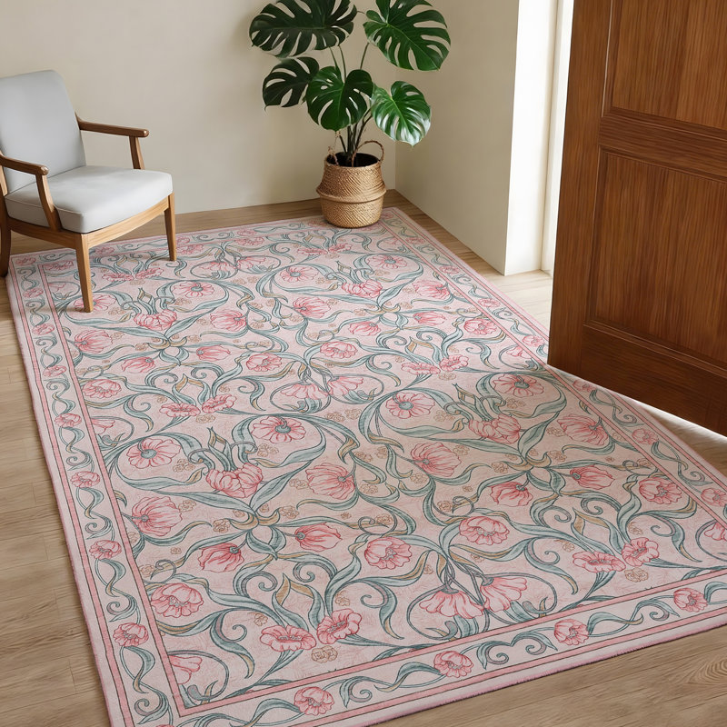 Area Rug, Floral Washable Rugs, Modern Style, Non-Slip Low-Pile Soft Floor Carpet for Bedroom, Living Room, Dining Room
