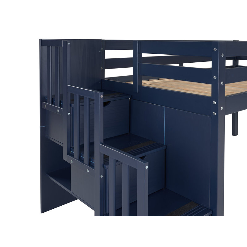 Johannes Solid Wood Twin Low Loft Bed with 3 Step-Stairway and Tent, Blue/Pink