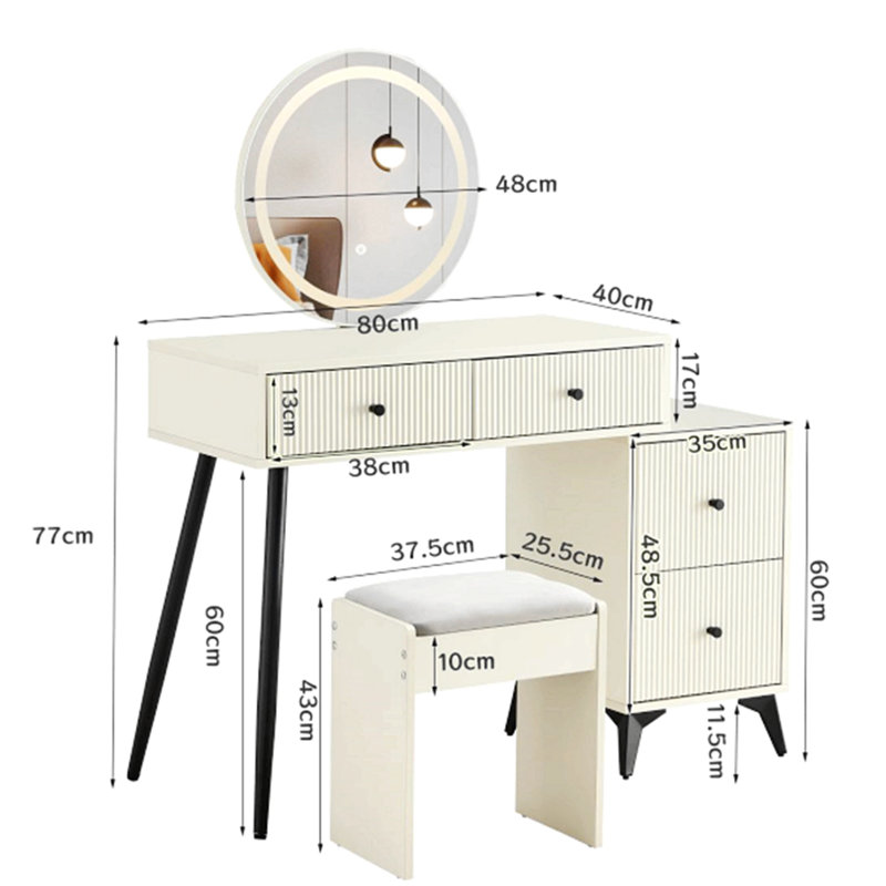 Fluted Makeup Vanity Desk With Round LED Mirror, Glass Top, 4 Drawers, Adjustable Shelves, Modern Dressing Table Set With Stool And Movable Side Table