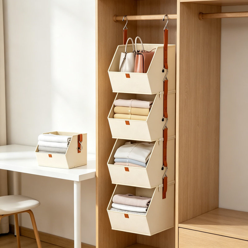 Hanging Closet Organizer 4 Tier, Space Saving Clothes Shelves for Bedroom, Dorm, RV, Beige Fabric Storage Bins with 8 Strong Hooks, Collapsible Shelves for Walk in Closet