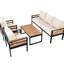 Table basse de jardin beige avec coussin amovible, plateau en bois et structure en métal, pour 5 personnes. Épaisseur : 15 cm. Couleur : beige.