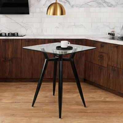 Table de comptoir en verre transparent avec pieds en acier noir, design carré Mid-Century moderne, 4 places