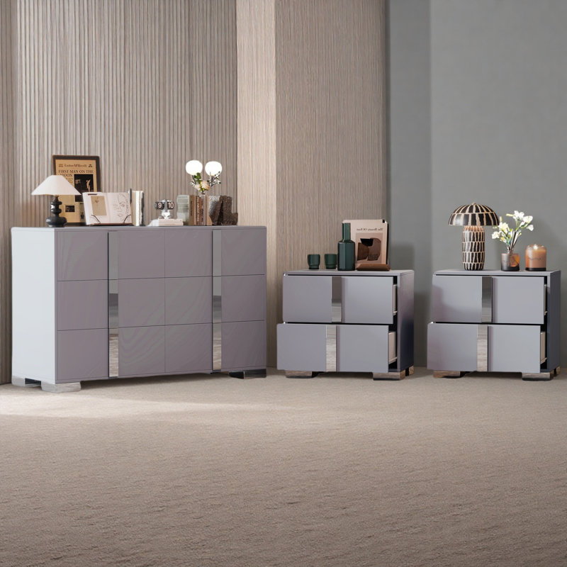 Ensemble de commode 3 pièces avec 2 tables de chevet, Gris