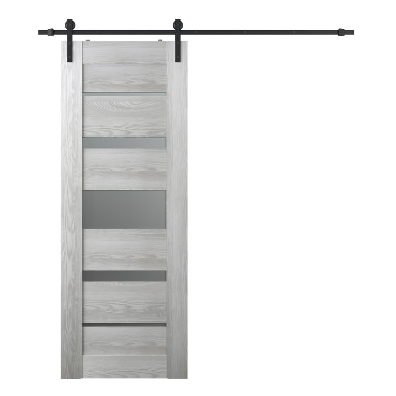 Avon 07-03  Frosted Glass And Glass Composite Sliding Barn Door With Hardware Kit, 29.75" x 83.23", Veralinga Oak