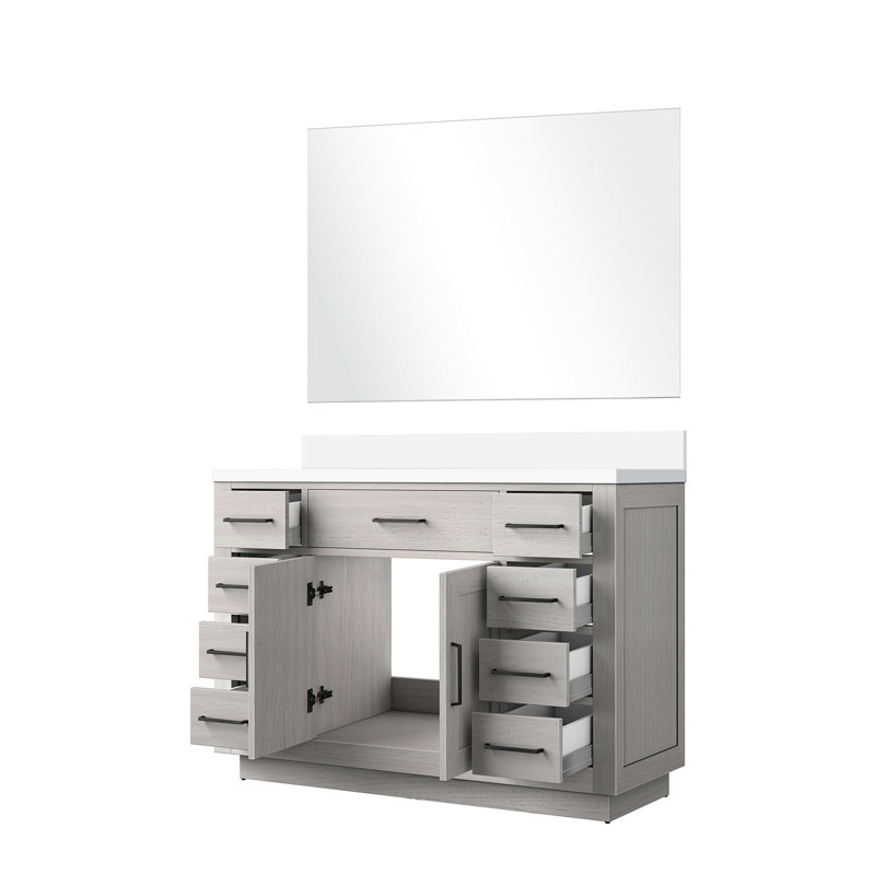 Meuble-lavabo simple en chêne blanc avec plateau en quartz, 43 miroirs, mécanisme de fermeture en douceur et armoire en chêne, surface, miroir en bois massif