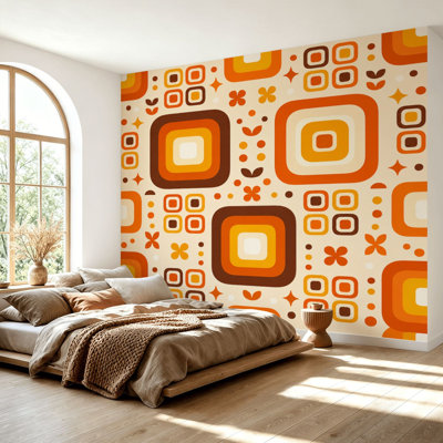 Papier peint adhésif rétro-adhésif de forme géométrique carrée à motif géométrique, brun, orange, rétro et adhésif, pour salle de séjour H 69 po x l 96 po