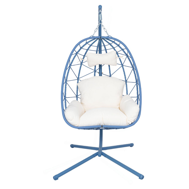 Chaise de hamac suspendue en osier avec support et lavable, White, Blue