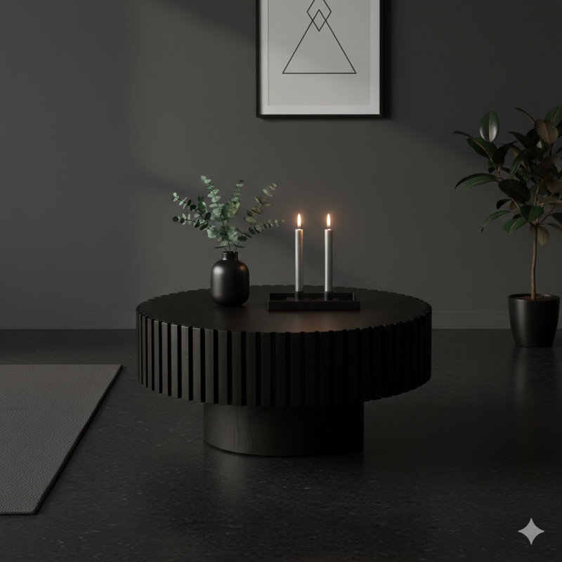 Table à thé ronde en forme d'olive fabriquée à la main avec des détails en relief sur un piédestal robuste pour le salon