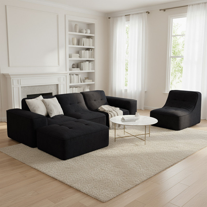 Canapé modulaire modulaire avec repose-pieds et repose-pieds, Chenille noir