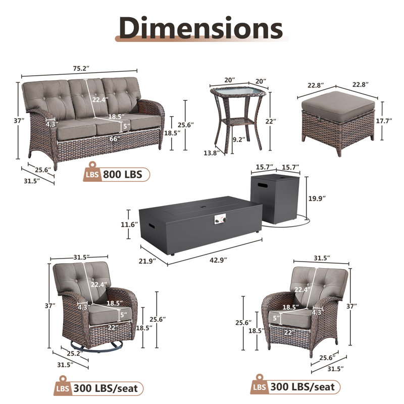 Ensemble de conversation de jardin 9 pièces avec table de foyer et chaises pivotantes 9 pièces, Gris