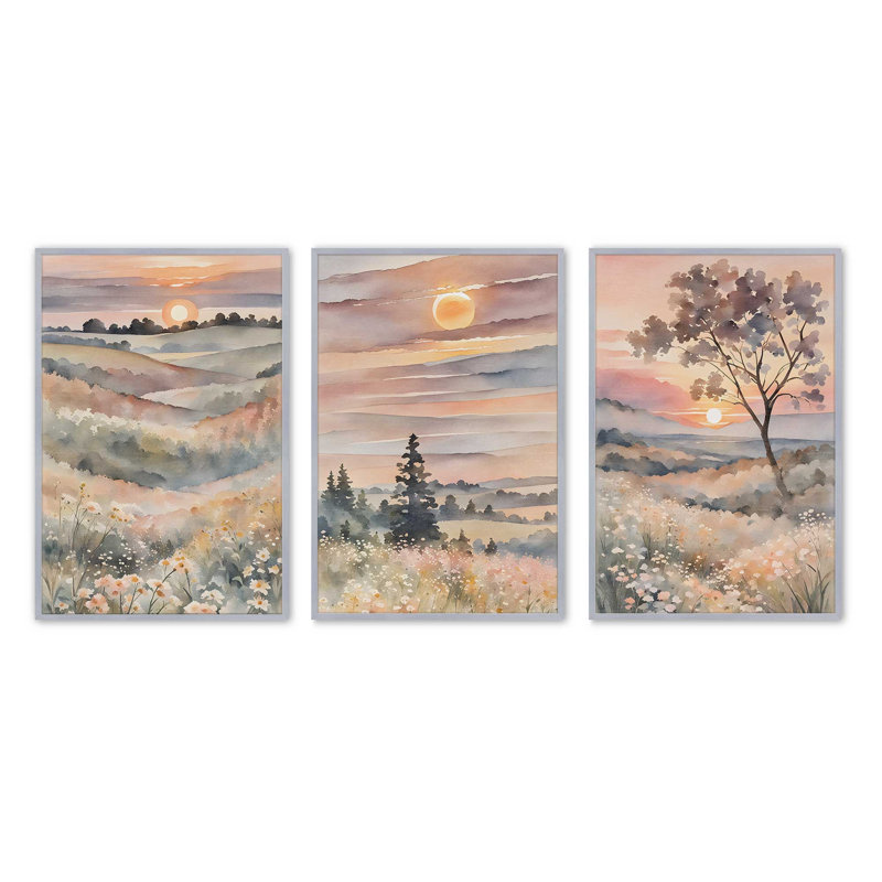 Coucher de soleil dans la vallée en fleurs, ensemble de 3 impressions, Cadre en chrome poli
