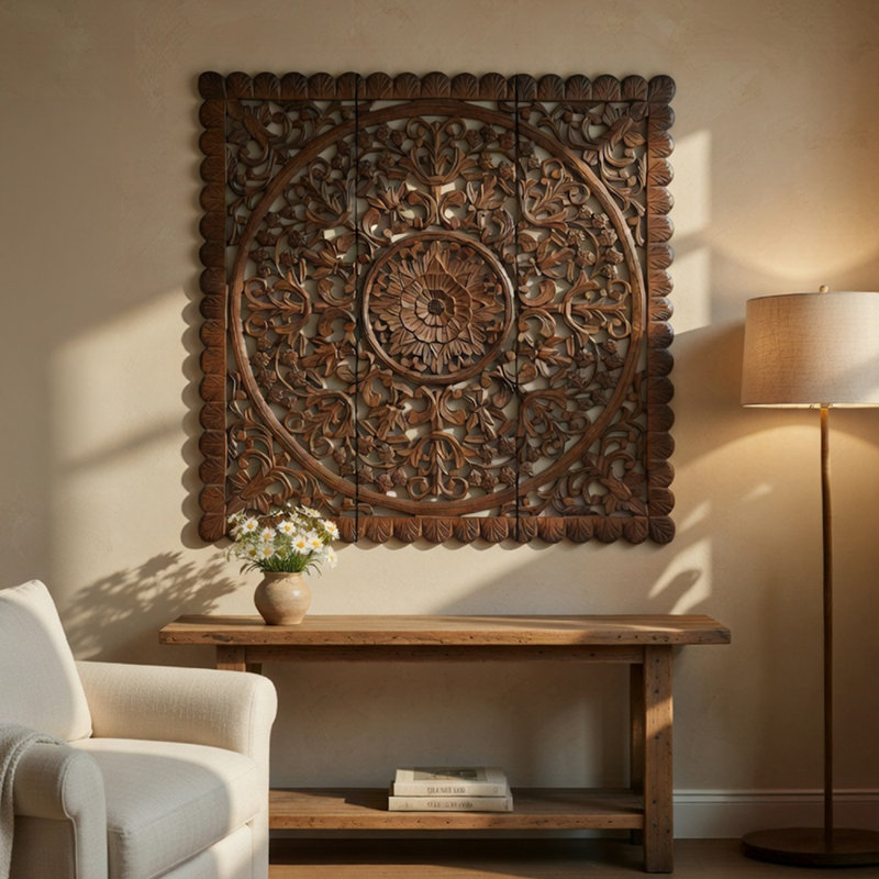 Teather 3Pc Wood Wall Panel Set, Mandala Floral Carving, Brown Finish, 48 Inch Square Decor