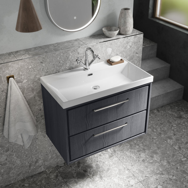 Hudson Reed Lille 800mm Antique Oak 2 Drawer  Wall Hung Vanity Unit With 1 Tap Hole Basin, Graphite Grey Woodgrain