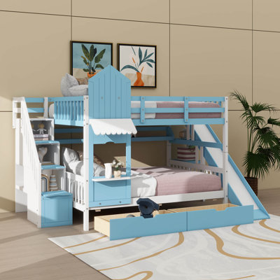 Castle-Inspired Bunk Bed, Wooden Bunk Bed With 2 Drawers & 3 Shelves, Comes With Slide And Storage Steps