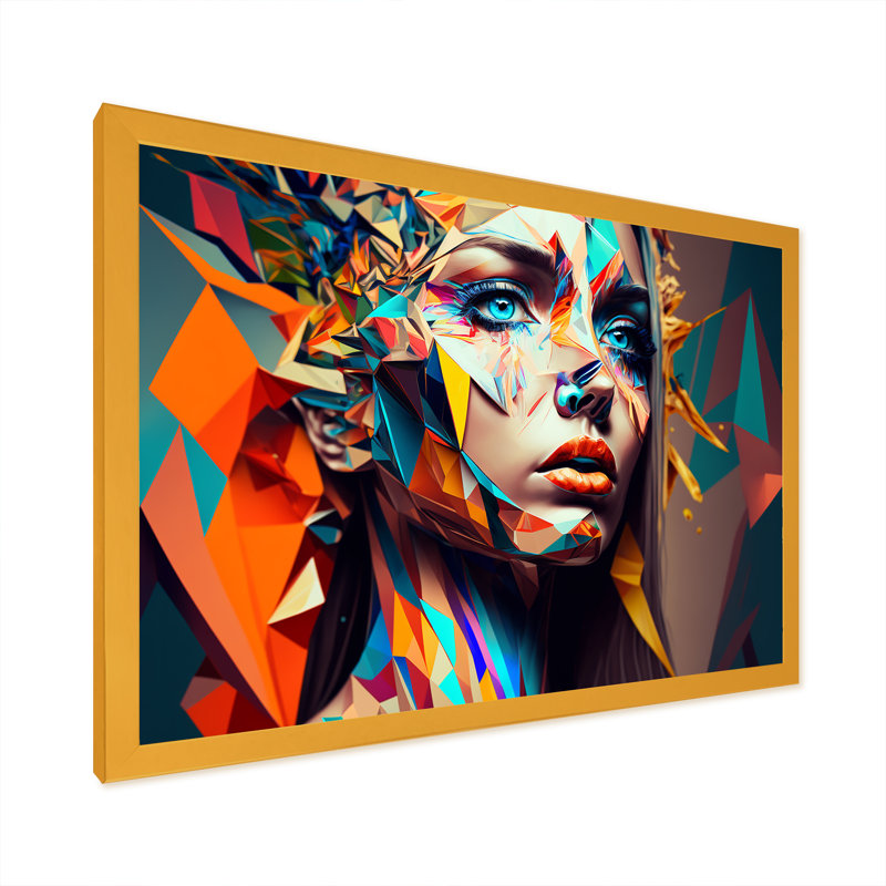 Portrait de femme cubique V - Impression sur toile, H 16 po x l 32 po x P 1 po, Impression dorée sur toile encadrée