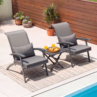 Ensemble de mobilier d'extérieur 3 pièces, ensemble de conversation pliable avec table basse, chaises Adirondack pour jardin, balcon, cour, bord de piscine, chaises de patio en osier toutes saisons (coussin gris)