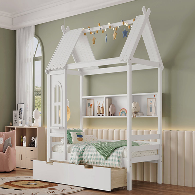 Structure de lit simple avec tiroirs de rangement et conception de fenêtre décorative, matériau en bois massif, cadre de lit plateforme avec tablettes de rangement, pour chambre d'enfant, filles, garçons et enfants