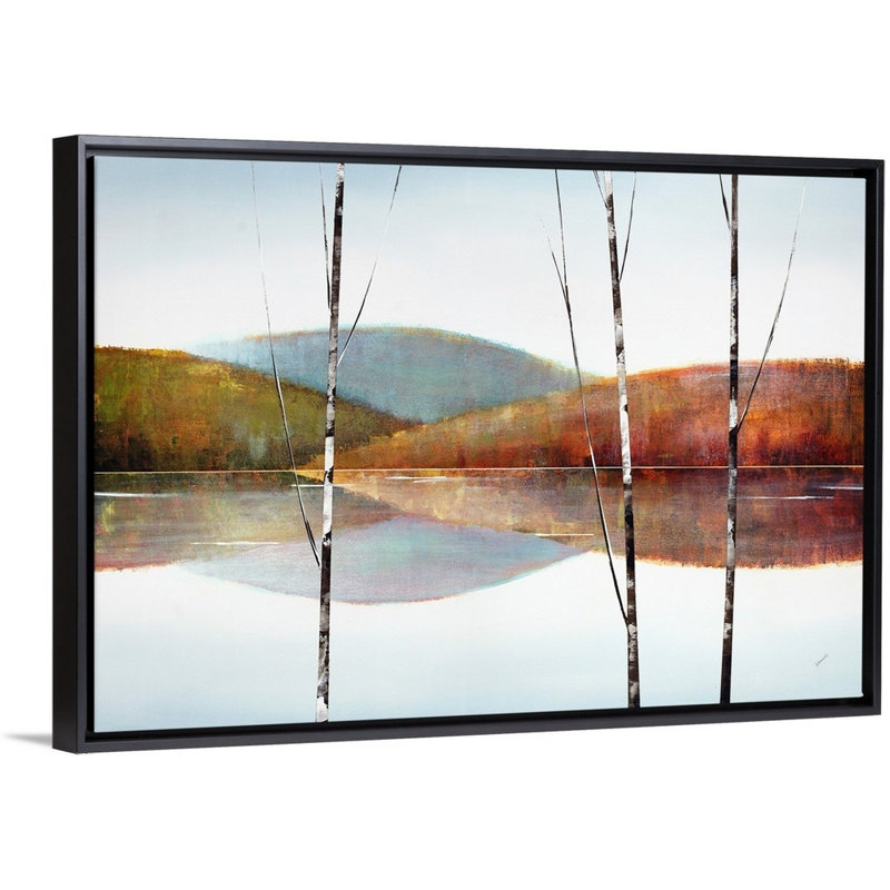 « calme eaux vii », peinture sur toile, H 25,7 po x l 37,7 po x P 1,75 po, Cadre flottant noir