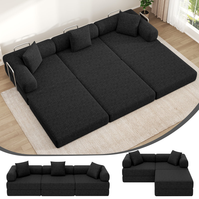 Boneless 117.6-Inch Convertible Folding Sofa Bed, Fixed-Shape Frame Floor Sleeper Sofa, Oversized Modular Sectional Couch With Chenille Upholstery For Living Room