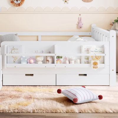 Full Size Kids Floor Bed with Storage Bookcase, Drawers, Stairs & Guardrails, Solid Wood Platform Bed, No Box Spring,Whtie