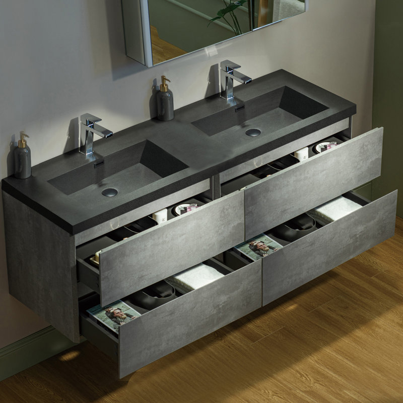 59 in. W x 19-5/8 in. D Wall Mounted Floating Bathroom Vanity in Gray with Quartz Sand Composite Vanity Top in Matte Black
