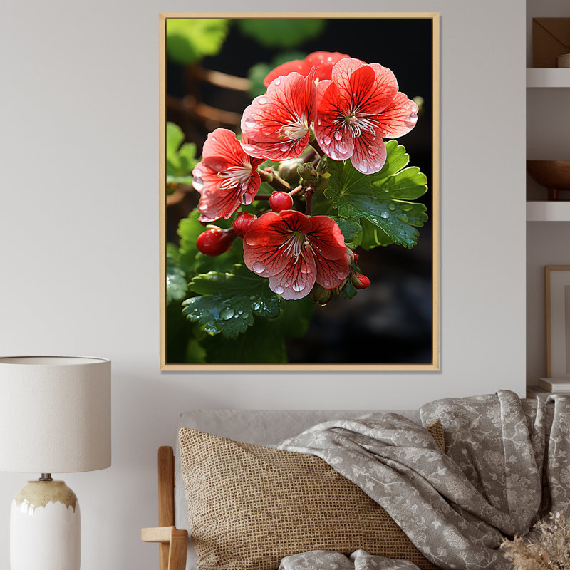 Geraniums roses sous le soleil - géraniums, art mural, H 40 po x l 30 po x P 1,5 po, Cadre flottant brun