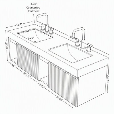 Meuble-lavabo suspendu à double lavabo de 60 pouces avec comptoir en pierre frittée veinée gris Carrara, 2 lavabos en céramique et trois trous prépercés pour robinetterie