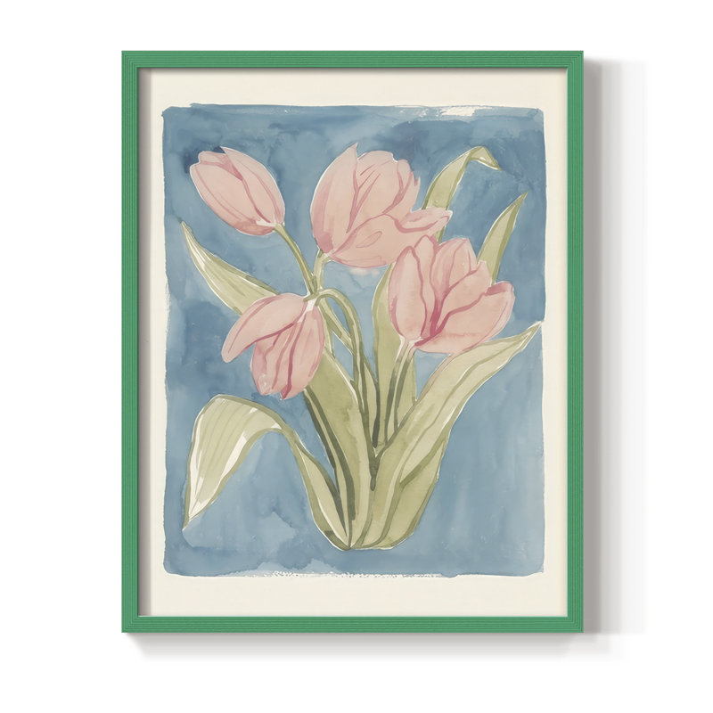 Tulipe, aquarelle, croquis I, reproduction encadrée - bois massif, H 15 po x l 12 po, Vert