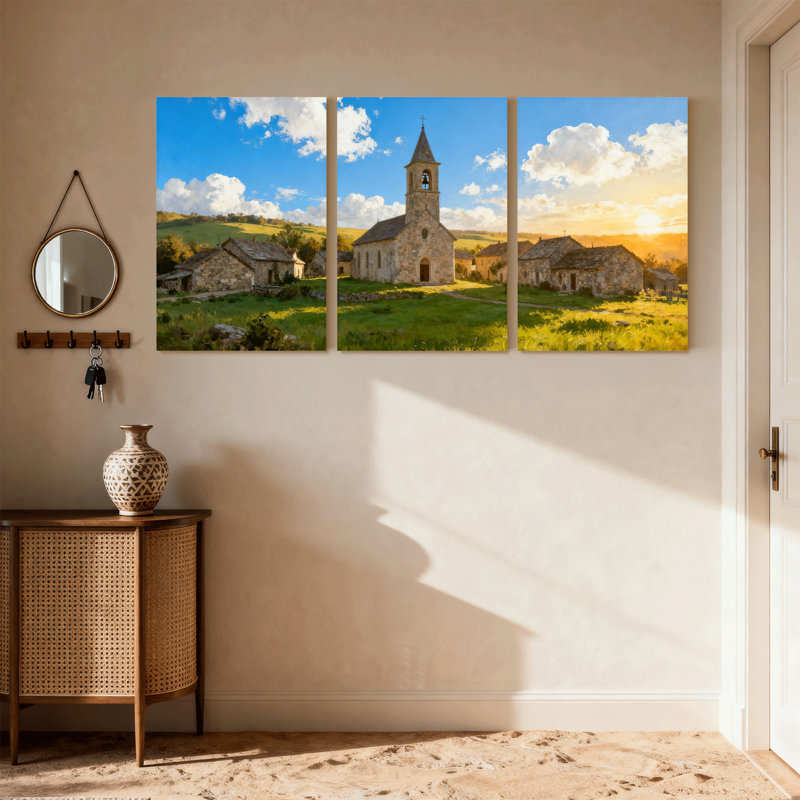 Ensemble de 3 impressions sur toile Scènes et paysages urbains d'églises avec bâtiments en pierre, H 18 po x l 36 po