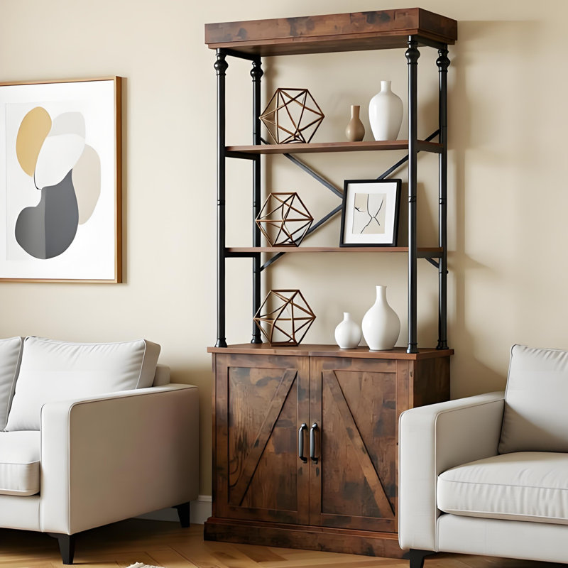 Vintage Roman Column Bookcase with Doors – 4-Tier Tall Bookshelf with Cabinet, Natural Wood Grain Storage for Living Room, Home Office, Study, Farmhouse Decor
