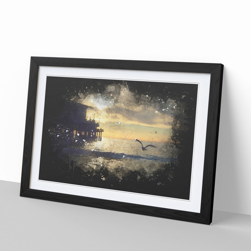 Seagull by The Pier Paint Splash - Picture Frame Graphic Art, 27cm H x 36cm W x 2cm D, Black