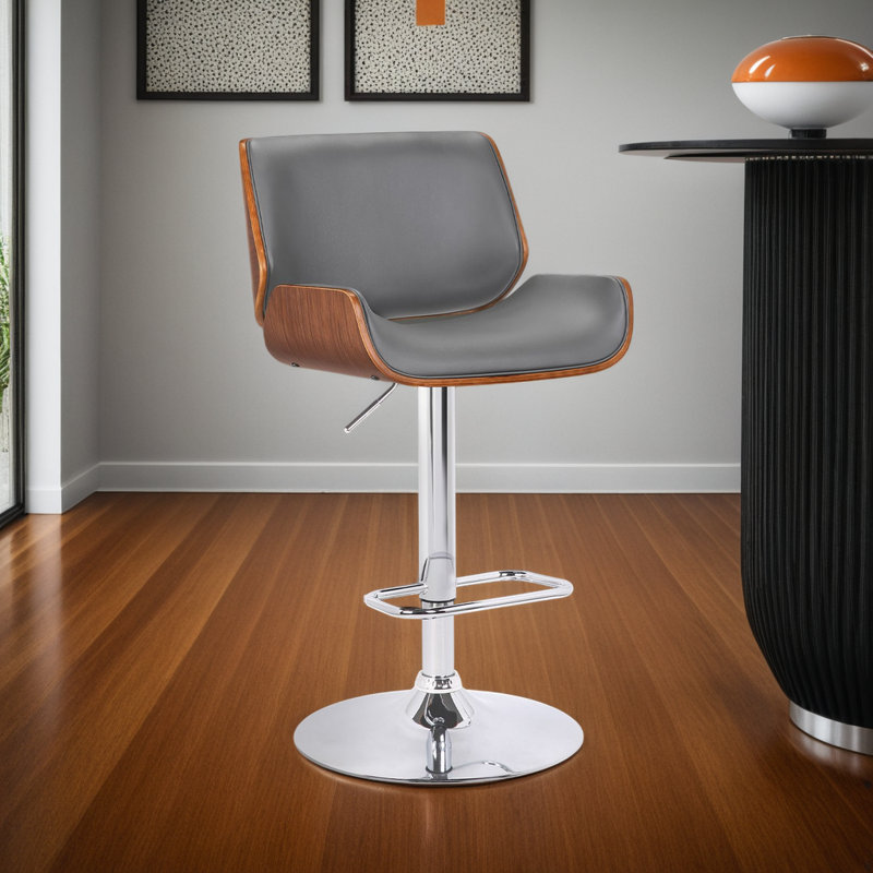 Tabouret de bar réglable en hauteur Cecillia en chrome, noyer et similicuir, Similicuir gris