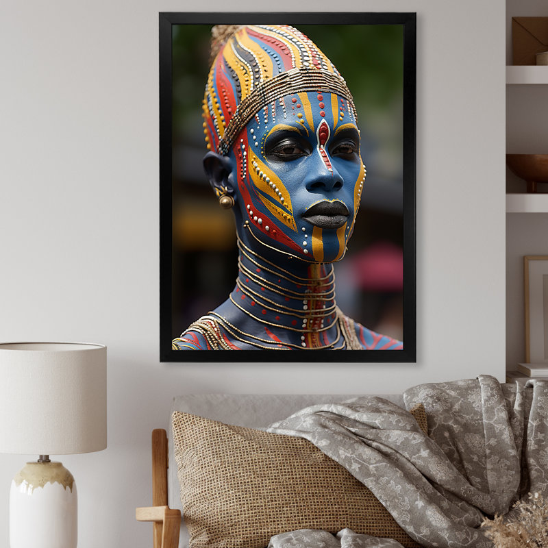 African Festive Ritual Portrait - African Mask Wall Art, 20" H x 12" W x 1" D, Black Single Picture Framed