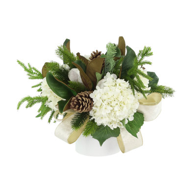 Holiday Arrangement with Hydrangeas, Pinecones and Bows