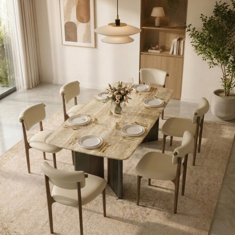 63 Inch Modern Dining Table, Stone-Effect Tabletop with Solid Base, Rectangular Kitchen & Dining Room Table for 4–6 People