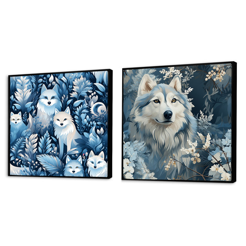 Ensemble de 2 reproductions de caricature de chiens Husky, Cadre flottant noir, H 16 po x l 33 po