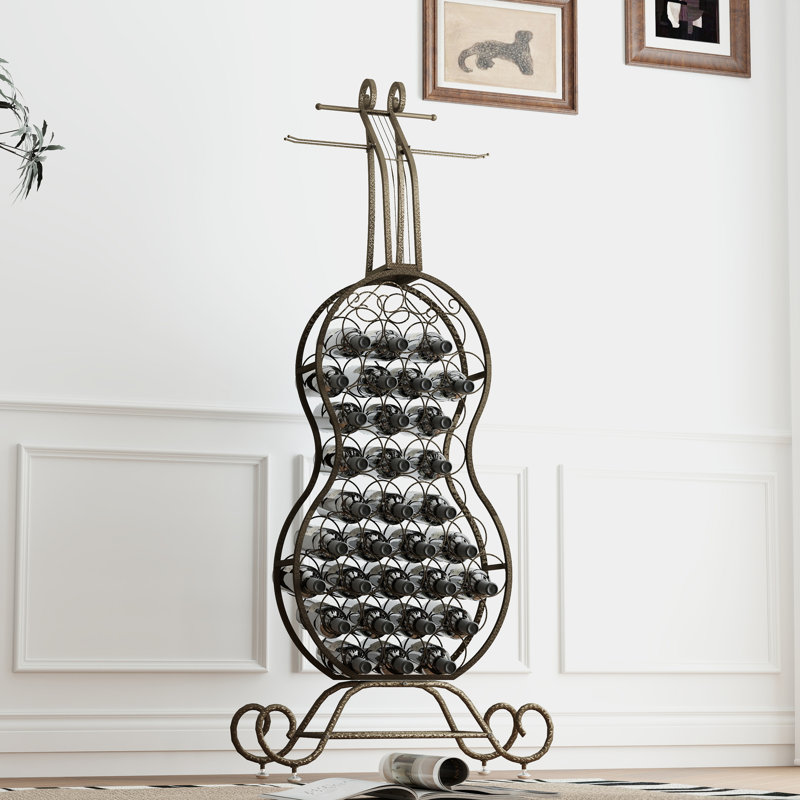 Organisateur de vin brun antique, charme rustique, forme de violoncelle, métal, espace pour la cuisine, porte-gobelets en or, design, économise de l'espace dans la maison, rangement