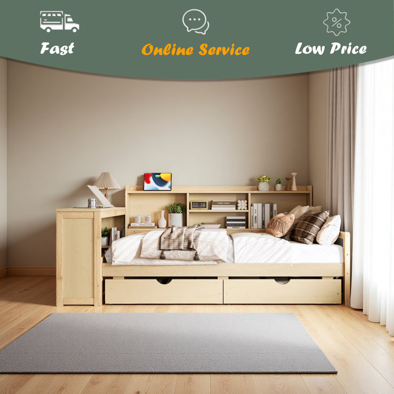 Twin Size Corner Daybed With Storage Drawers & Desk & Charging Port & Bookcase, Natural