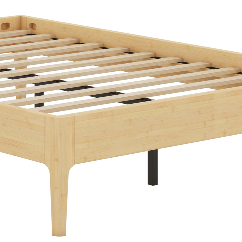 Contemporary Wood Platform Bed Frame with Wooden Slats and Metal Support, Natural