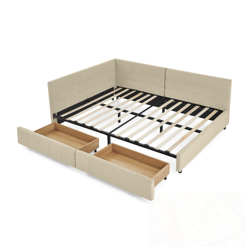 Lit de jour double avec deux tiroirs, Complet/Double, Beige