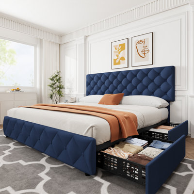 King Size Upholstered Platform Bed Frame with 4 Storage Drawers – Adjustable Button Tufted Headboard – Modern Blue Linen – Sturdy Slats – No Box Spring Needed – Blue