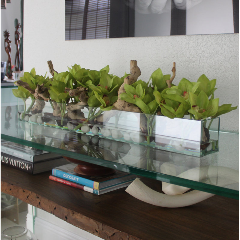 Driftwood Cymbidium Orchids Centerpiece in Glass Planter, 8" H x 48" W x 6" D, Green
