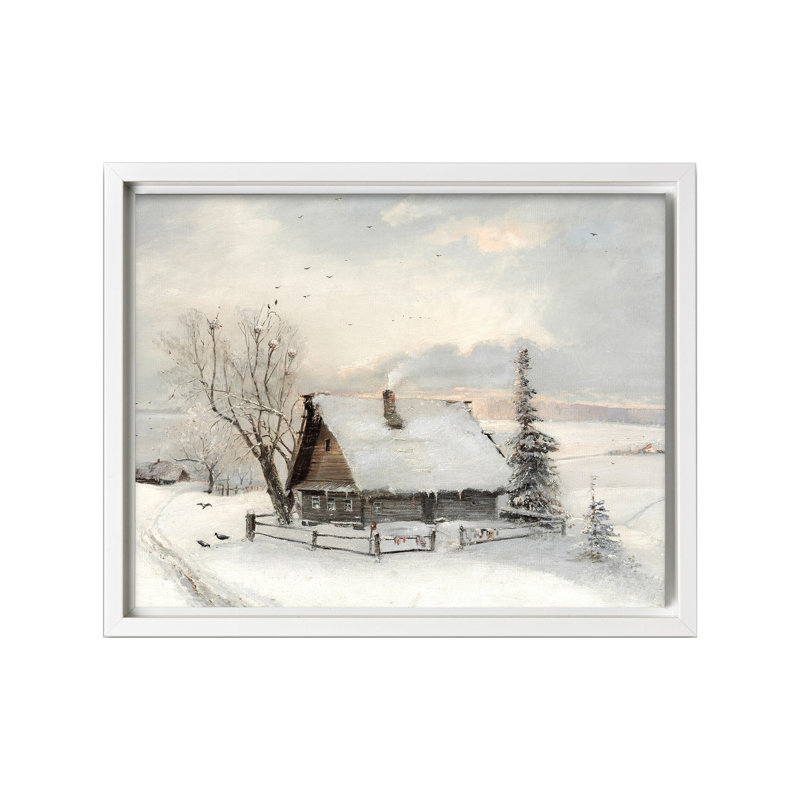 Chalet enneigé, Canvas, White Framed, 11"H x 14"W