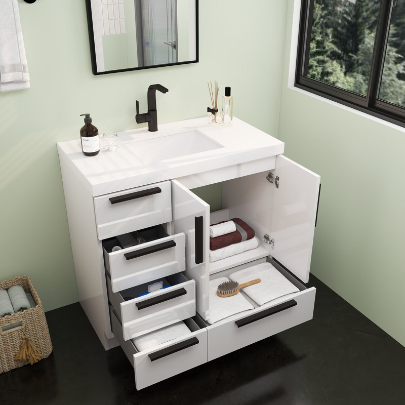 Carla Freestanding Bathroom Vanity with Left Side Drawers, Gloss White, 35"