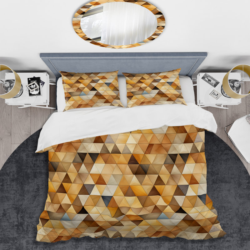 Beige And Brown Rustic Triangle Vision Polyester Geometric Shapes Duvet Cover Set, Twin Duvet Cover + 1 Standard Sham