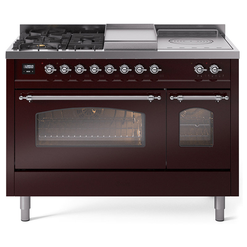 ILVE Nostalgie II 48 Dual Fuel Range, Burgundy/Chrome, Natural Gas