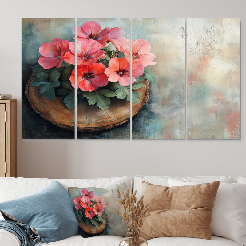 Fleurs de géraniums sur un plateau en bois - Art mural de géraniums - Art mural traditionnel pour le salon, H 28 po x l 48 po