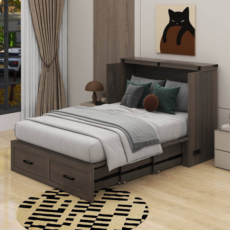 Lit escamotable double avec station de charge, Gris rustique