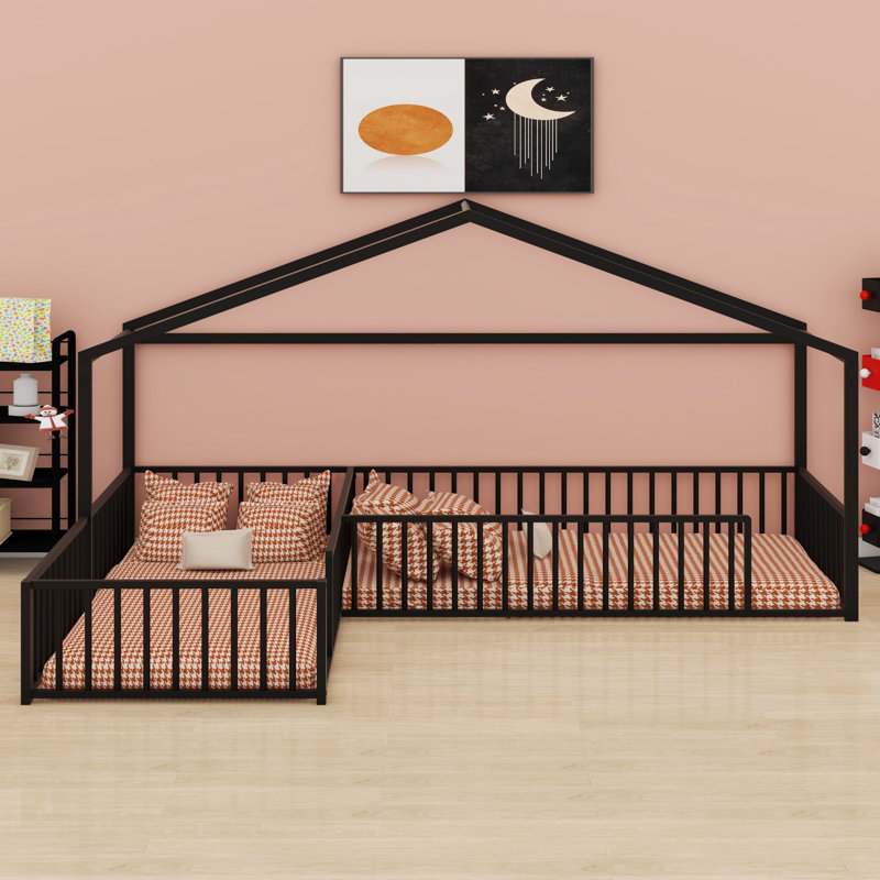 Double House Bed Frame with L-Shaped Corner Configuration and Guard Rails, Black